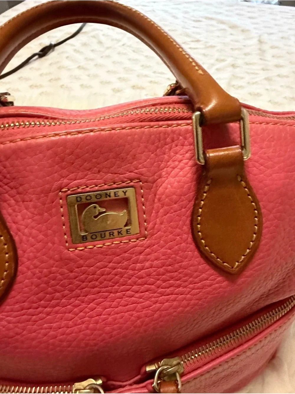 SOLD Dooney & Bourke Pink Pebble Leather Satchel with Tan Trim